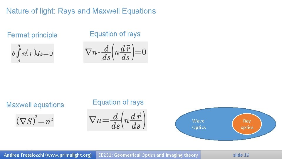 Nature of light: Rays and Maxwell Equations Fermat principle Equation of rays Maxwell equations