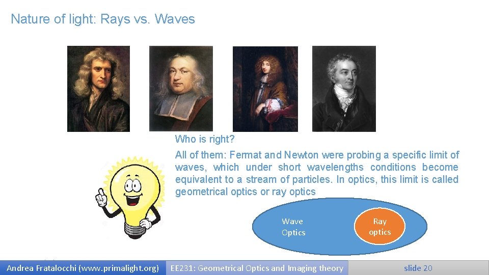 Nature of light: Rays vs. Waves Who is right? All of them: Fermat and