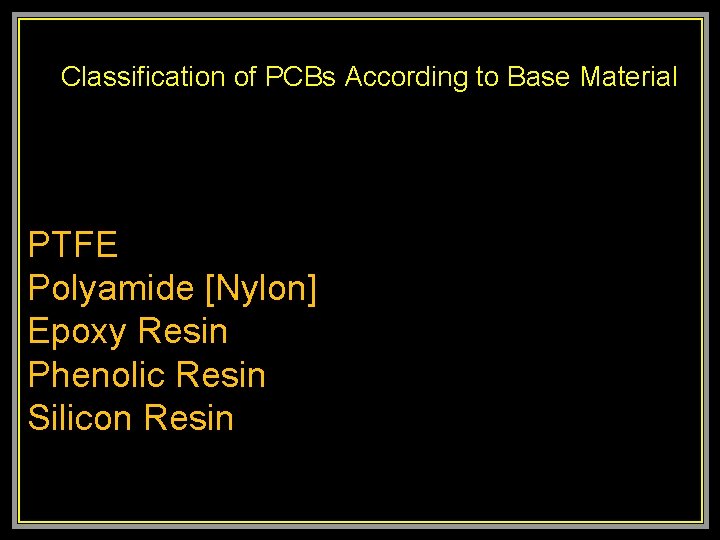  Classification of PCBs According to Base Material PTFE Polyamide [Nylon] Epoxy Resin Phenolic