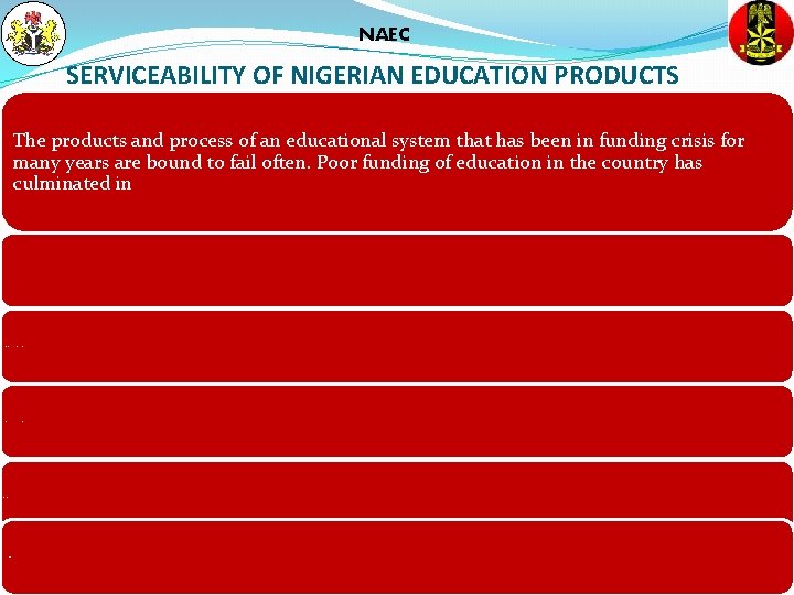 NAEC SERVICEABILITY OF NIGERIAN EDUCATION PRODUCTS The products and process of an educational system