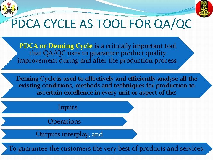 PDCA CYCLE AS TOOL FOR QA/QC PDCA or Deming Cycle is a critically important