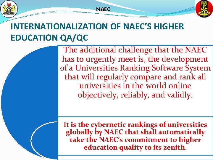 NAEC INTERNATIONALIZATION OF NAEC’S HIGHER EDUCATION QA/QC The additional challenge that the NAEC has