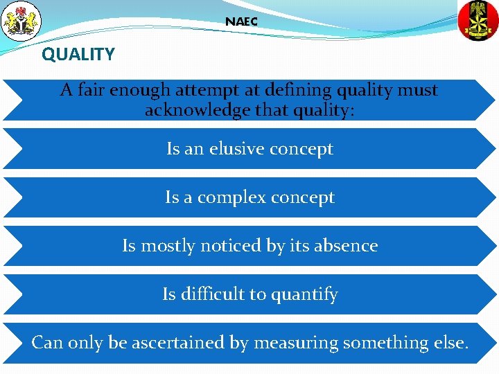 NAEC QUALITY A fair enough attempt at defining quality must acknowledge that quality: Is