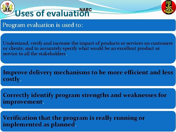Uses of evaluation NAEC Program evaluation is used to: Understand, verify and increase the