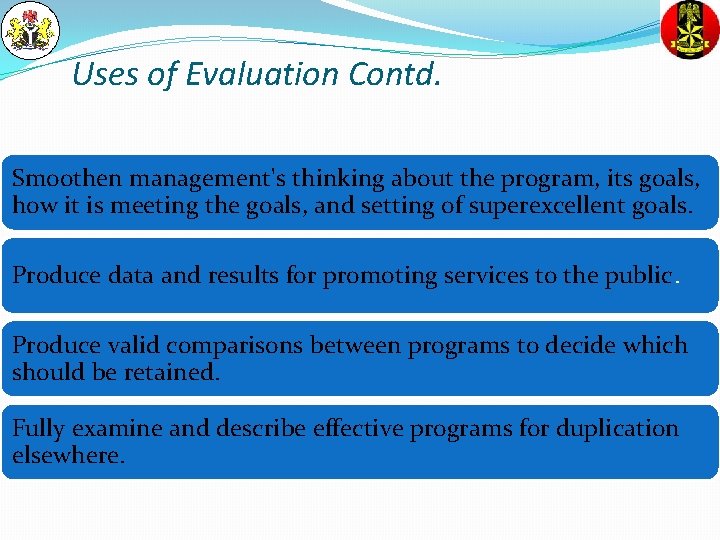 Uses of Evaluation Contd. Smoothen management's thinking about the program, its goals, how it