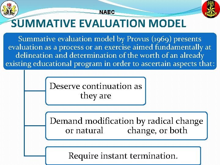 NAEC SUMMATIVE EVALUATION MODEL Summative evaluation model by Provus (1969) presents evaluation as a