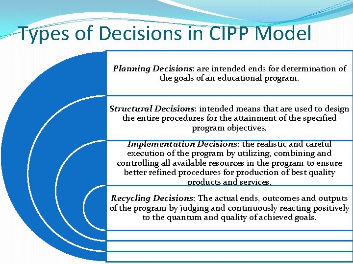 Types of Decisions in CIPP Model Planning Decisions: are intended ends for determination of