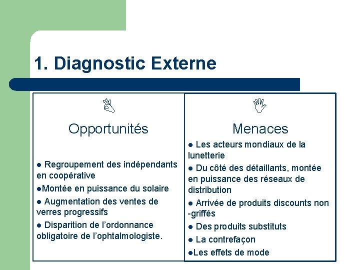 1. Diagnostic Externe Opportunités Menaces l Les acteurs mondiaux de la lunetterie l Regroupement