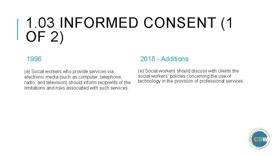 1. 03 INFORMED CONSENT (1 OF 2) 1996 (e) Social workers who provide services