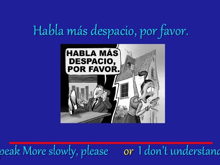 Habla más despacio, por favor. peak More slowly, please or I don’t understand 