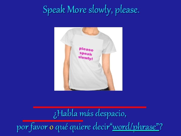 Speak More slowly, please. ¿Habla más despacio, por favor o qué quiere decir“word/phrase”? 
