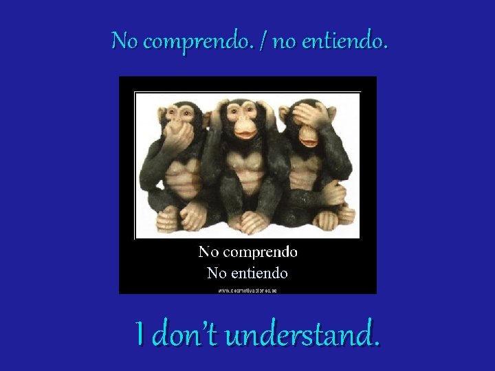 No comprendo. / no entiendo. No entiendo I don’t understand. 