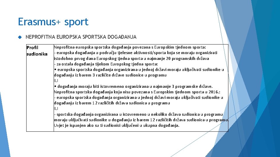 Erasmus+ sport NEPROFITNA EUROPSKA SPORTSKA DOGAĐANJA Profil sudionika Neprofitna europska sportska događanja povezana s