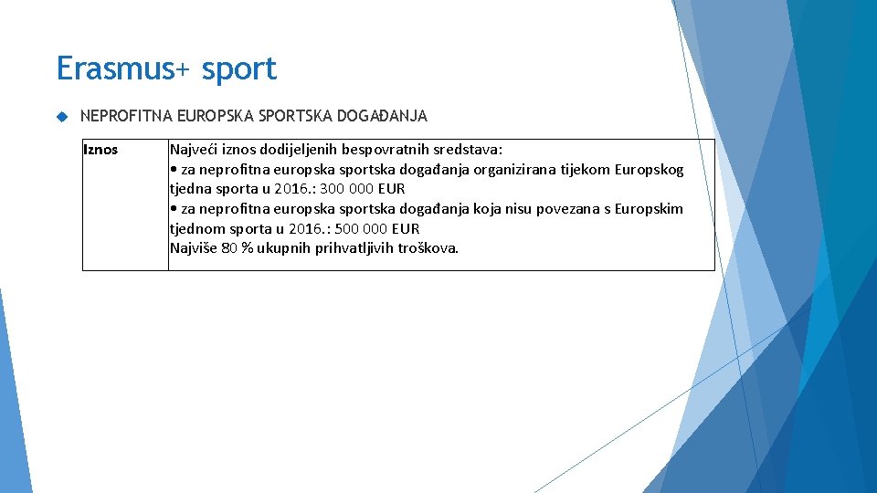 Erasmus+ sport NEPROFITNA EUROPSKA SPORTSKA DOGAĐANJA Iznos Najveći iznos dodijeljenih bespovratnih sredstava: • za