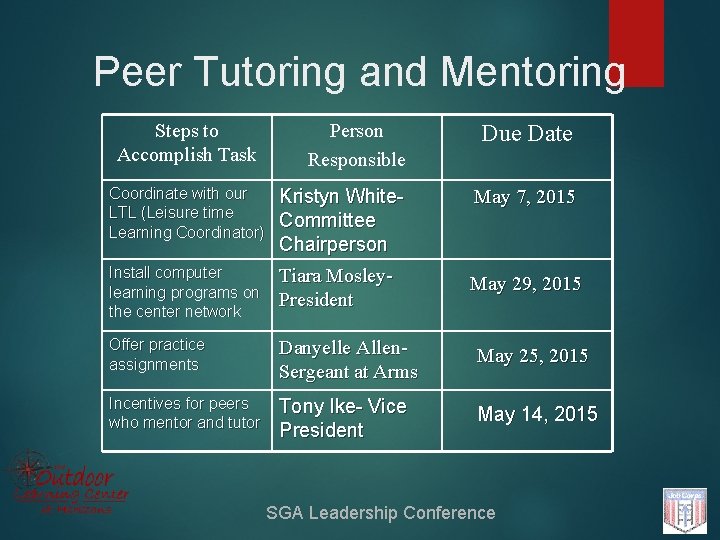 Peer Tutoring and Mentoring Steps to Accomplish Task Person Responsible Due Date Coordinate with