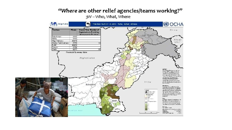 “Where are other relief agencies/teams working? ” 3 W – Who, What, Where 