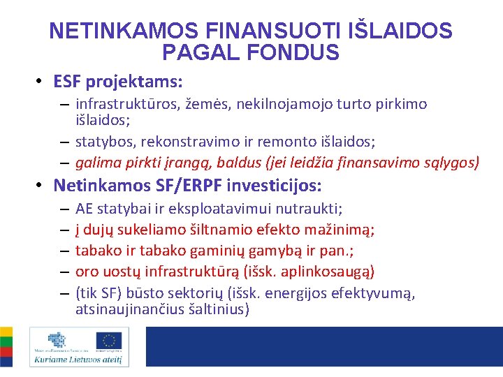 NETINKAMOS FINANSUOTI IŠLAIDOS PAGAL FONDUS • ESF projektams: – infrastruktūros, žemės, nekilnojamojo turto pirkimo