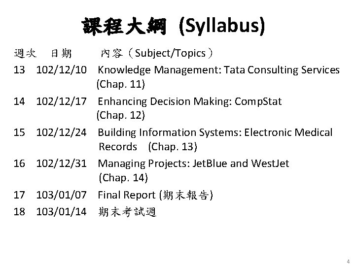 課程大綱 (Syllabus) 週次 日期 內容（Subject/Topics） 13 102/12/10 Knowledge Management: Tata Consulting Services (Chap. 11)