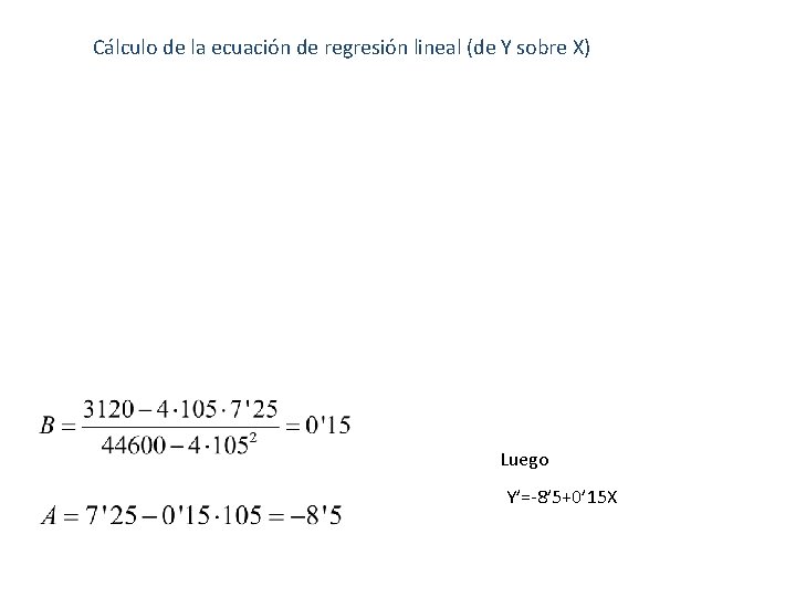 Cálculo de la ecuación de regresión lineal (de Y sobre X) Luego Y’=-8’ 5+0’