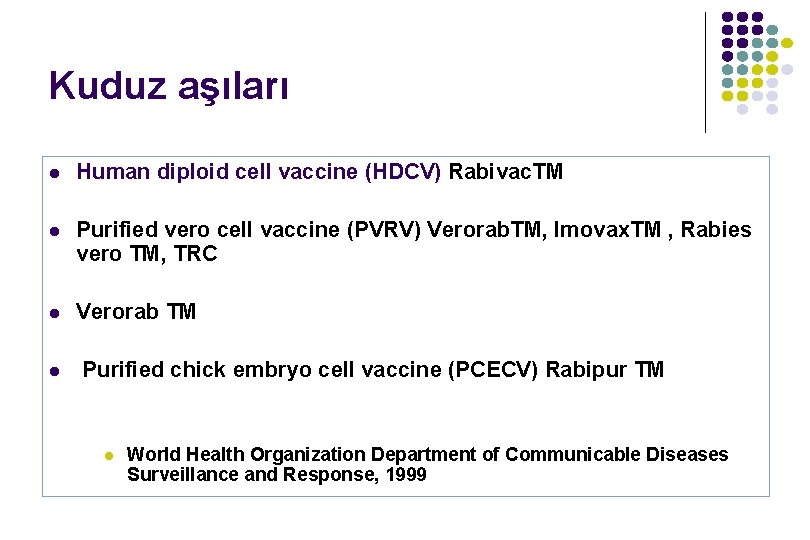 Kuduz aşıları l Human diploid cell vaccine (HDCV) Rabivac. TM l Purified vero cell Kuduz aşıları l Human diploid cell vaccine (HDCV) Rabivac. TM l Purified vero cell