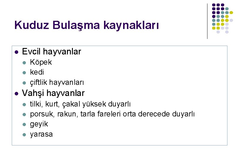 Kuduz Bulaşma kaynakları l Evcil hayvanlar l l Köpek kedi çiftlik hayvanları Vahşi hayvanlar Kuduz Bulaşma kaynakları l Evcil hayvanlar l l Köpek kedi çiftlik hayvanları Vahşi hayvanlar