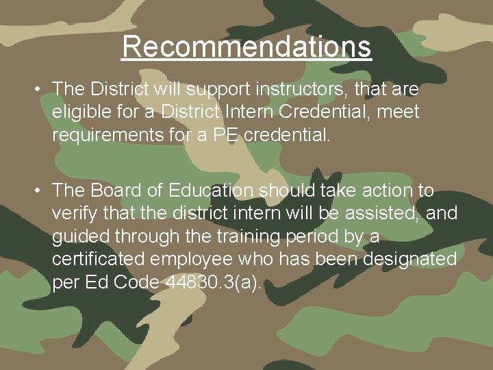 Recommendations • The District will support instructors, that are eligible for a District Intern