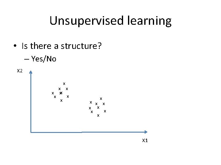Unsupervised learning • Is there a structure? – Yes/No X 2 x x xx Unsupervised learning • Is there a structure? – Yes/No X 2 x x xx