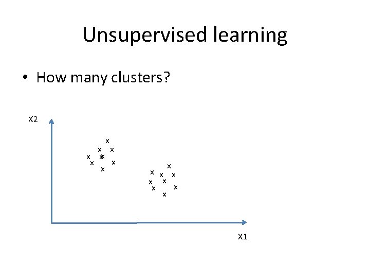 Unsupervised learning • How many clusters? X 2 x x xx x x x Unsupervised learning • How many clusters? X 2 x x xx x x x