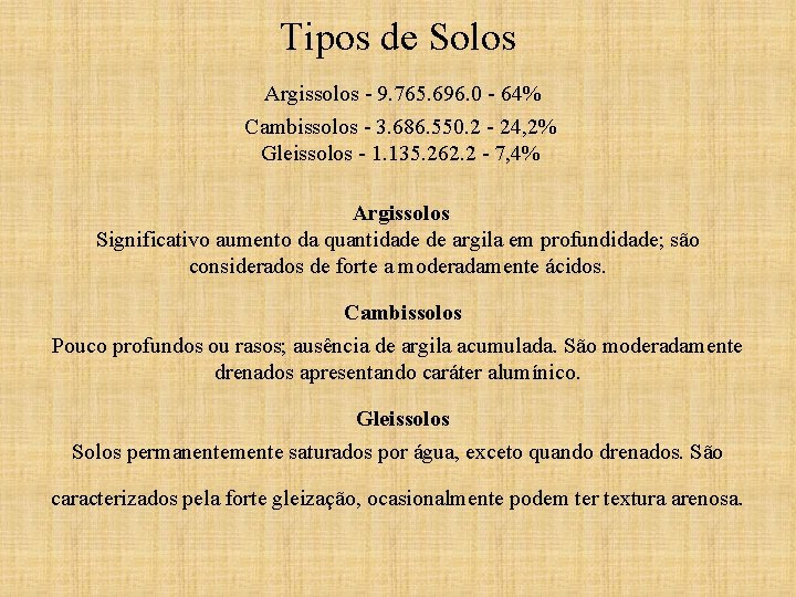 Tipos de Solos Argissolos - 9. 765. 696. 0 - 64% Cambissolos - 3.