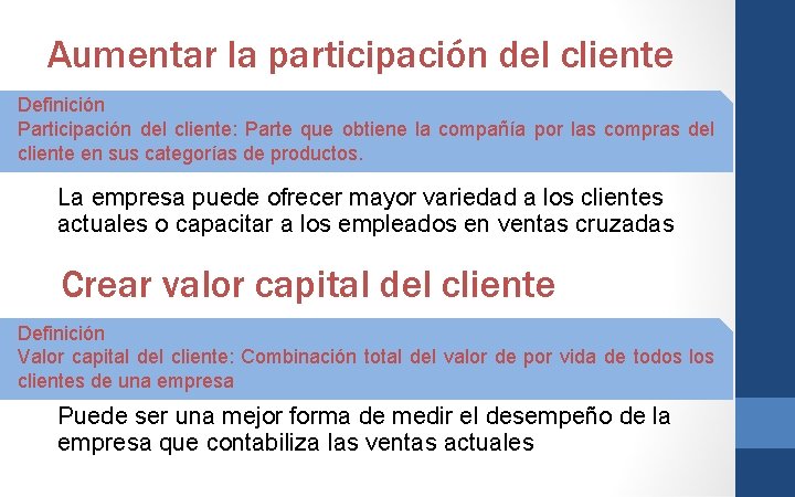 Aumentar la participación del cliente Definición Participación del cliente: Parte que obtiene la compañía