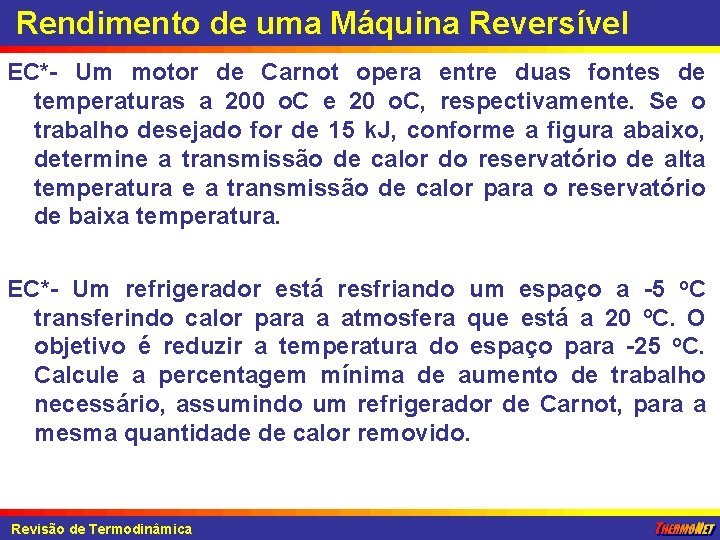 Rendimento de uma Máquina Reversível EC*- Um motor de Carnot opera entre duas fontes