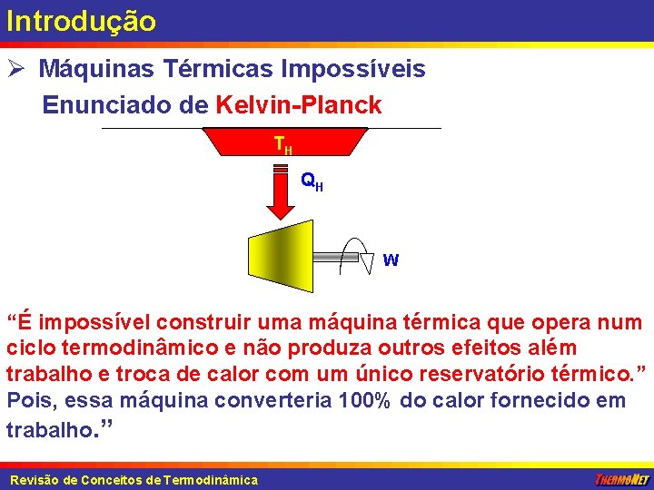 Introdução Ø Máquinas Térmicas Impossíveis Enunciado de Kelvin-Planck TH QH W “É impossível construir