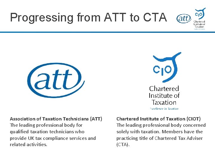 Progressing from ATT to CTA Association of Taxation Technicians (ATT) The leading professional body