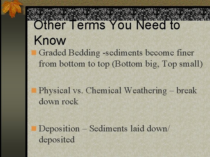 Other Terms You Need to Know n Graded Bedding -sediments become finer from bottom Other Terms You Need to Know n Graded Bedding -sediments become finer from bottom