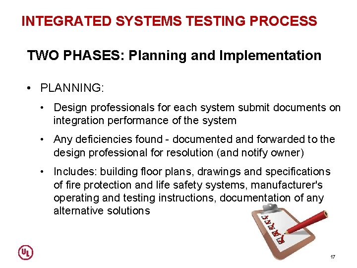 INTEGRATED SYSTEMS TESTING PROCESS TWO PHASES: Planning and Implementation • PLANNING: • Design professionals