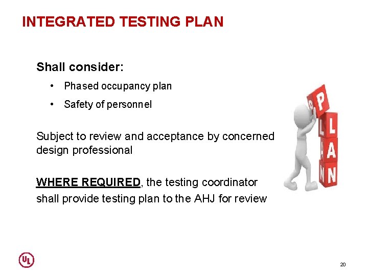 INTEGRATED TESTING PLAN Shall consider: • Phased occupancy plan • Safety of personnel Subject
