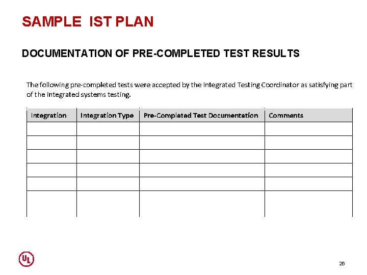 SAMPLE IST PLAN DOCUMENTATION OF PRE-COMPLETED TEST RESULTS 26 