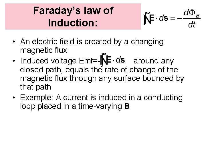 Faraday’s law of Induction: • An electric field is created by a changing magnetic