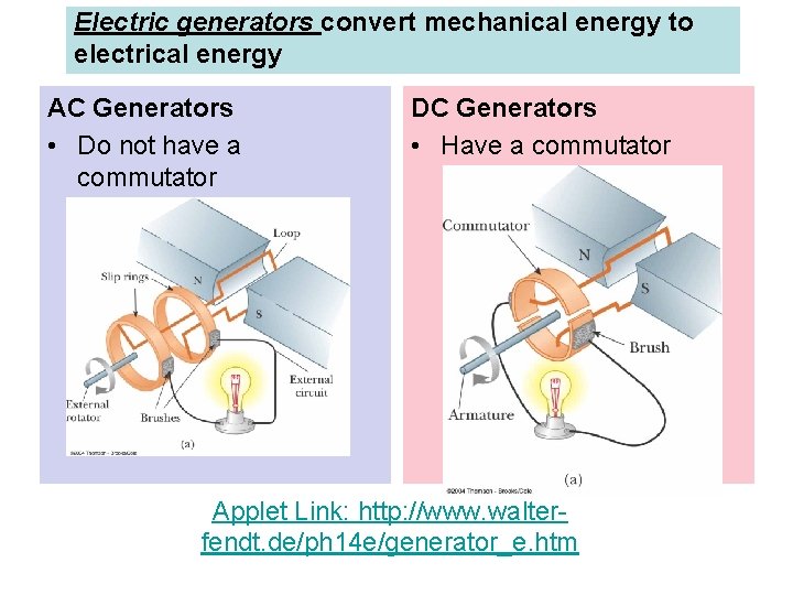Electric generators convert mechanical energy to electrical energy AC Generators • Do not have