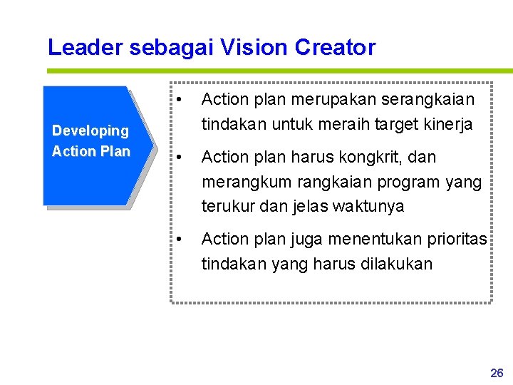 Leader sebagai Vision Creator Developing Action Plan • Action plan merupakan serangkaian tindakan untuk