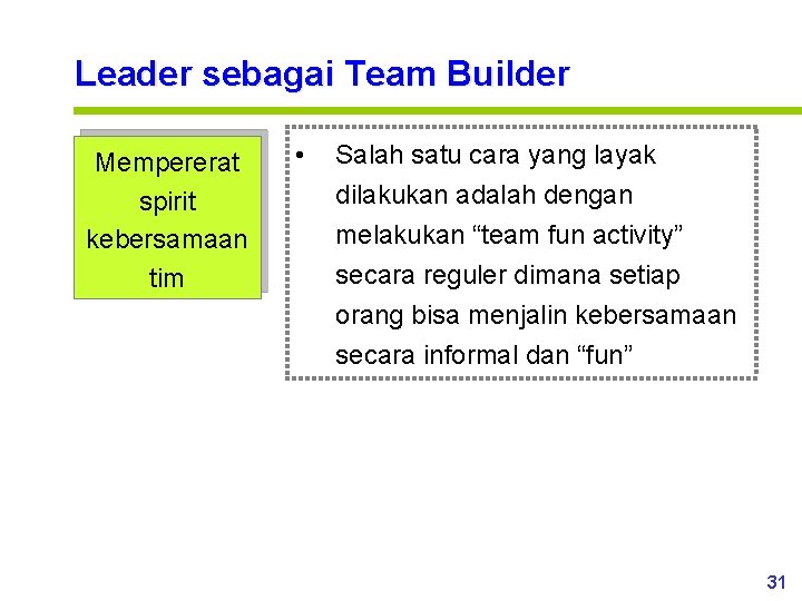 Leader sebagai Team Builder Mempererat spirit kebersamaan tim • Salah satu cara yang layak