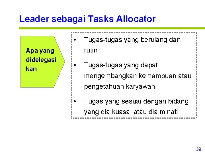 Leader sebagai Tasks Allocator • Apa yang didelegasi kan Tugas-tugas yang berulang dan rutin
