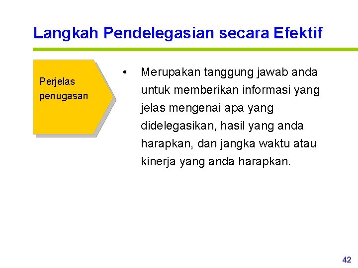 Langkah Pendelegasian secara Efektif Perjelas penugasan • Merupakan tanggung jawab anda untuk memberikan informasi
