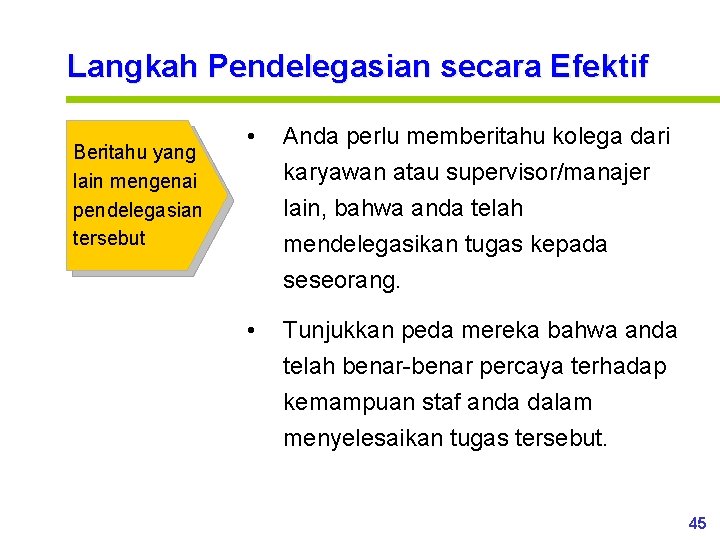 Langkah Pendelegasian secara Efektif Beritahu yang lain mengenai pendelegasian tersebut • Anda perlu memberitahu