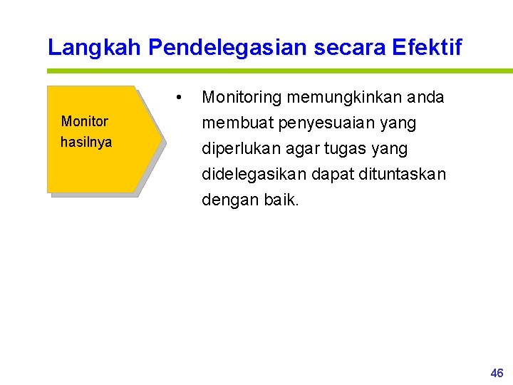 Langkah Pendelegasian secara Efektif • Monitor hasilnya Monitoring memungkinkan anda membuat penyesuaian yang diperlukan