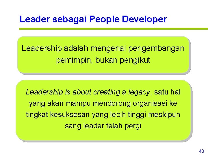 Leader sebagai People Developer Leadership adalah mengenai pengembangan pemimpin, bukan pengikut Leadership is about