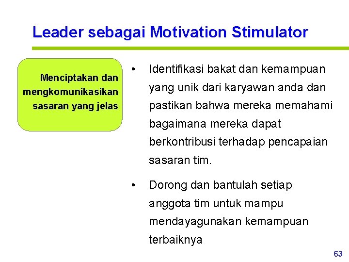 Leader sebagai Motivation Stimulator Menciptakan dan mengkomunikasikan sasaran yang jelas • Identifikasi bakat dan
