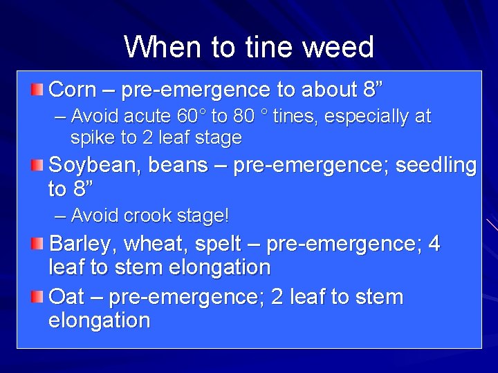 When to tine weed Corn – pre-emergence to about 8” – Avoid acute 60° When to tine weed Corn – pre-emergence to about 8” – Avoid acute 60°