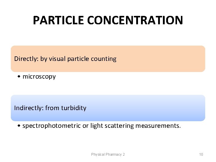 PARTICLE CONCENTRATION Directly: by visual particle counting • microscopy Indirectly: from turbidity • spectrophotometric PARTICLE CONCENTRATION Directly: by visual particle counting • microscopy Indirectly: from turbidity • spectrophotometric