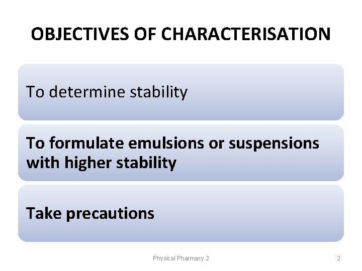 OBJECTIVES OF CHARACTERISATION To determine stability To formulate emulsions or suspensions with higher stability OBJECTIVES OF CHARACTERISATION To determine stability To formulate emulsions or suspensions with higher stability